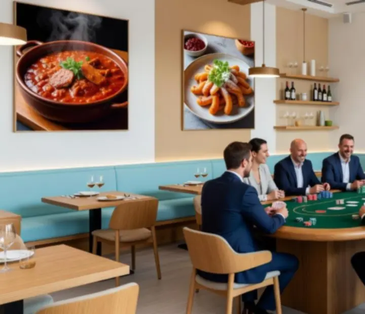 Modern magyar étterem elegáns enteriőrrel és pókerasztallal
